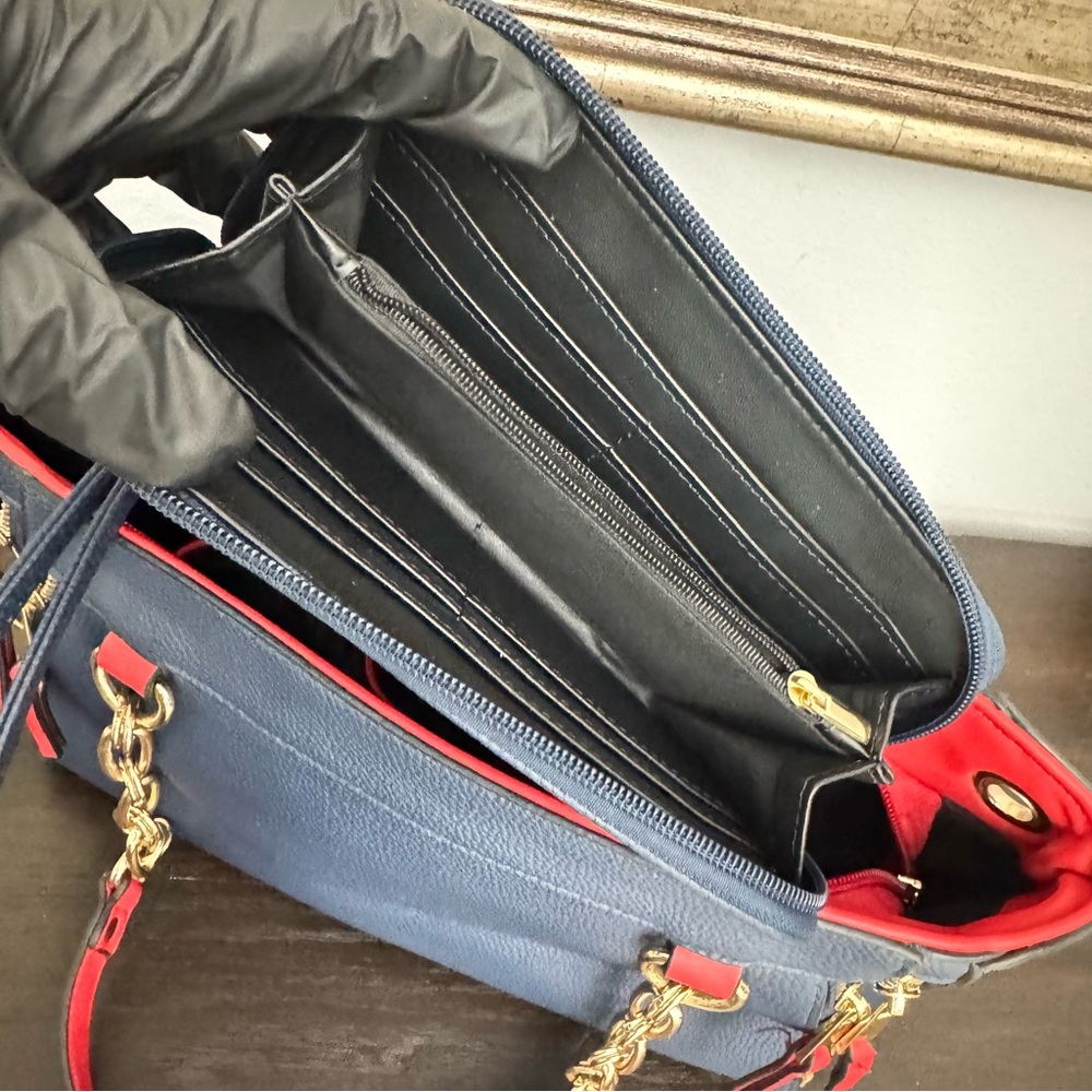 MKF Collection Blue Red Chain Shoulder Bag with Matching Wristlet - Picture 9 of 12